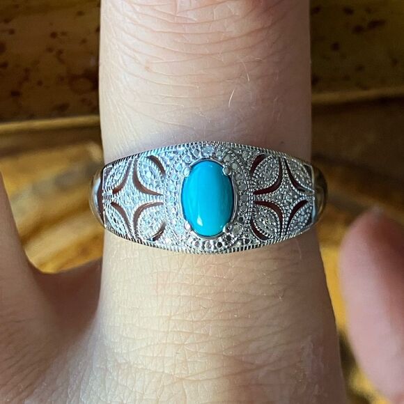 Sleeping Beauty Turquoise White Diamond Accent Art Deco Ring Size 8.75